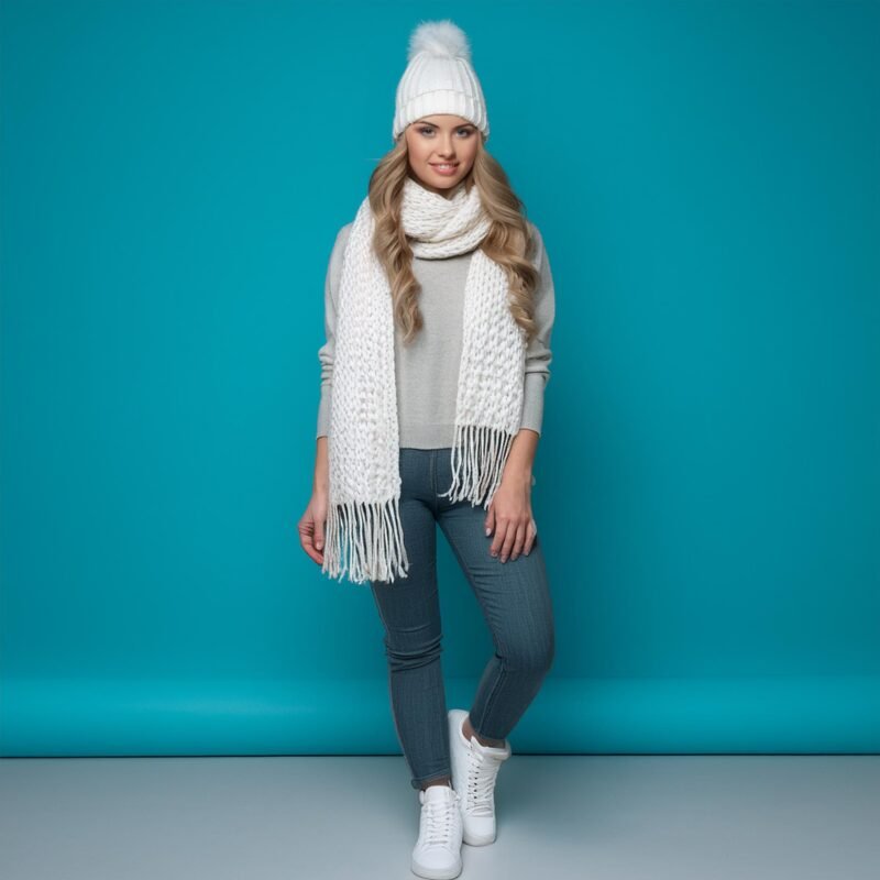 Scarf, beanie, and casual sneakers